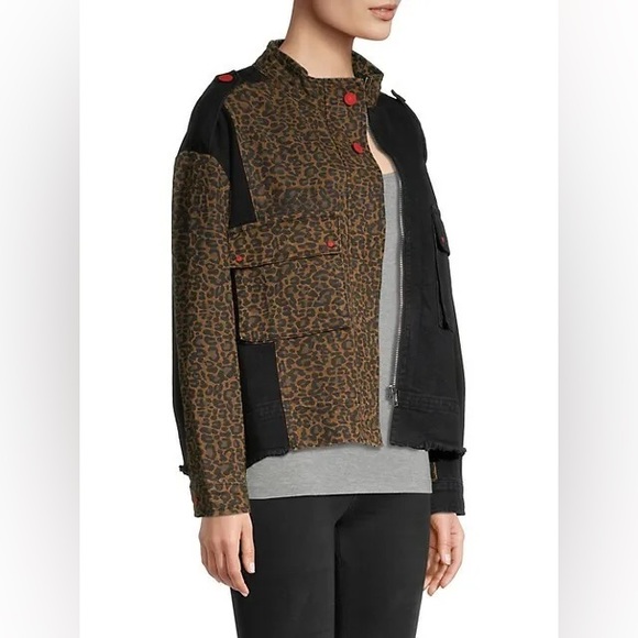 Saks Fifth Avenue Lea & Viola Leopard Denim Jacket Large Black Brown - Picture 3 of 10